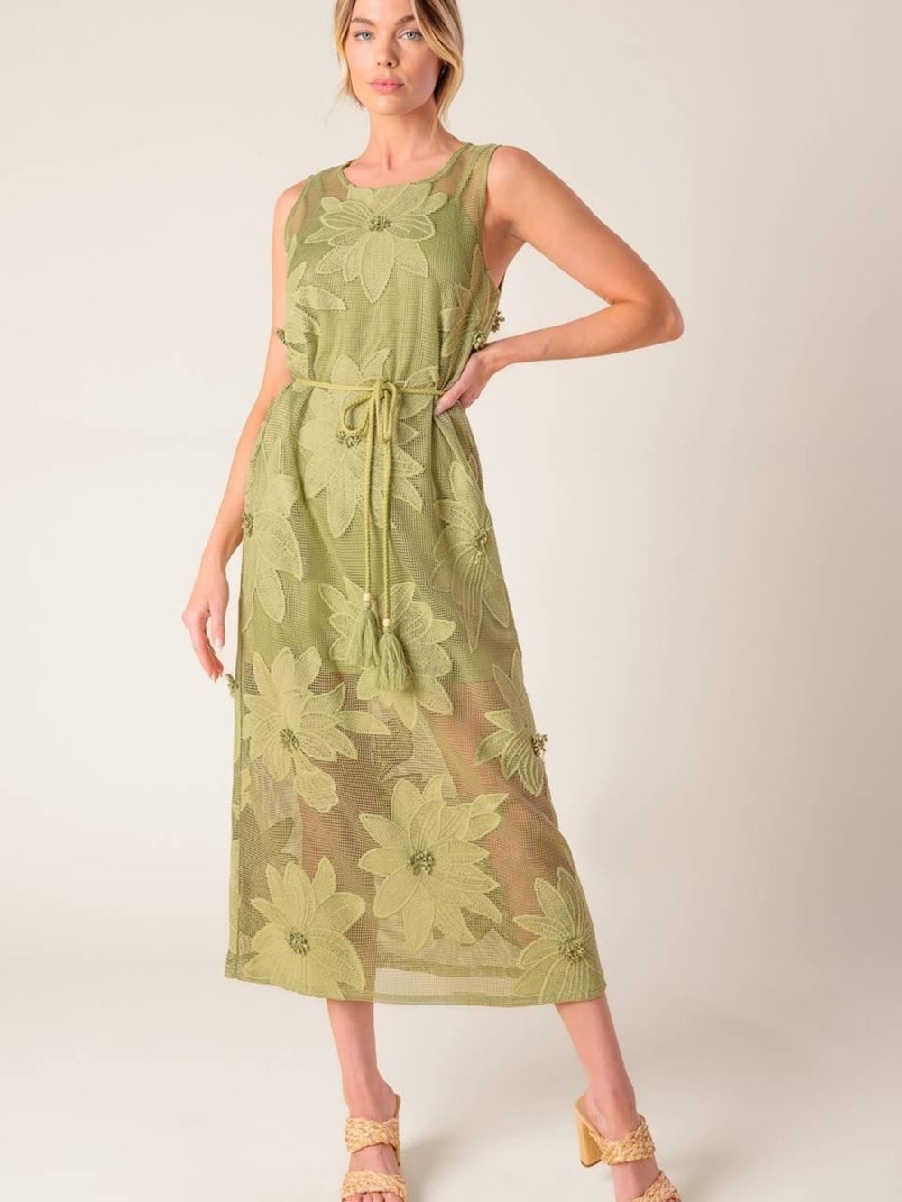 Flying Tomato NWOT Sage Green Midi Woven Lace Dress Size Large  Floral
